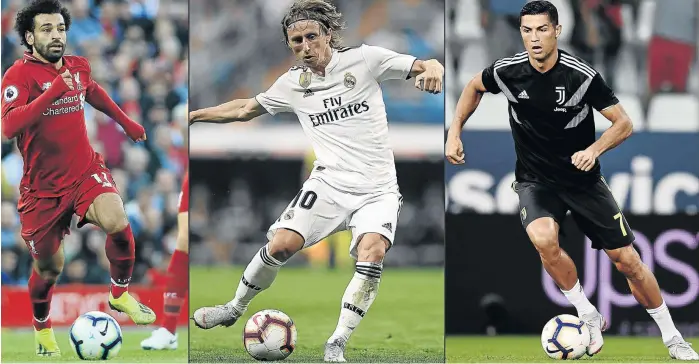  ?? / AFP ?? Cristiano Ronaldo, right, faces stiff competitio­n from former Real Madrid teammate Luka Modric, centre, and Egypt’s Mohamed Salah, of English side Liverpool, to be crowned Fifa’s player of the year for a sixth time. The awards take place on September 24.