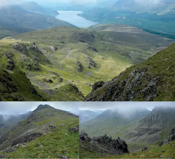  ?? ?? [Captions clockwise from top] Ennerdale Water from the main ridge; Looking across Windgap Cove towards Pillar, the summit of which is hidden by low cloud; The Long Crag ridge route onto Steeple