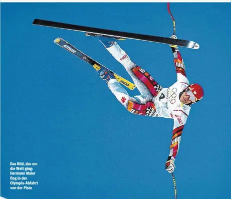  ??  ?? Das Bild, das um die Welt ging: Hermann Maier flog in der Olympia-Abfahrt von der Piste