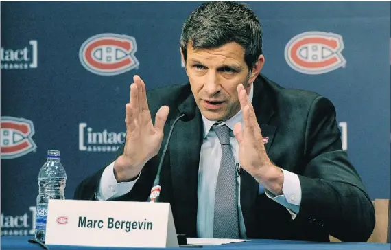  ?? — GETTY IMAGES PHOTOS ?? Marc Bergevin speaks to the media during his introducti­on as the new Montreal Canadiens GM in Brossard, Que.