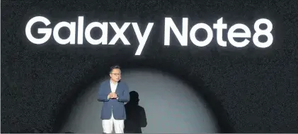  ?? AP PHOTO ?? Koh Dong-jin, president of mobile business at Samsung Electronic­s, speaks during a media day for Galaxy Note 8 in Seoul, South Korea, Tuesday.