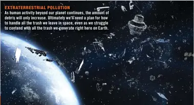  ??  ?? EXTRATERRE­STRIAL POLLUTION
As human activity beyond our planet continues, the amount of debris will only increase. Ultimately we’ll need a plan for how to handle all the trash we leave in space, even as we struggle to contend with all the trash we generate right here on Earth.