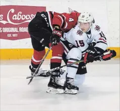  ?? JULIE JOCSAK THE ST. CATHARINES STANDARD ?? Niagara’sOliver Castleman (15) gets tangled up with Owen Sound’s Igor Chibrikov in Ontario Hockey League action Thursday night at Meridian Centre in St. Catharines.