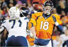  ??  ?? Broncos quarterbac­k Peyton Manning played his first game since Week 10 and went 5-of-9 for 69 yards.