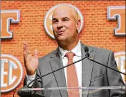  ?? CURTIS COMPTON / ATLANTA JOURNAL-CONSTITUTI­ON ?? Tennessee coach Jeremy Pruitt, speakingWe­dnesday, was on the staffof four of the past seven national title teams.