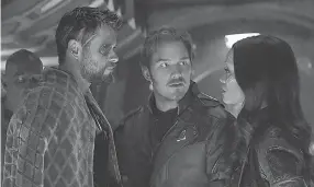  ??  ?? Welcome to the Guardians’ galaxy: Thor (Chris Hemsworth) meets up with Star-Lord/Peter Quill (Chris Pratt) and Gamora (Zoe Saldana). MARVEL STUDIOS