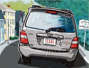  ?? Ken Ellis/Staff illustrati­on ?? “TEXAS” emblazoned on a Massachese­tts license plate kicked off an interestin­g chain of events.