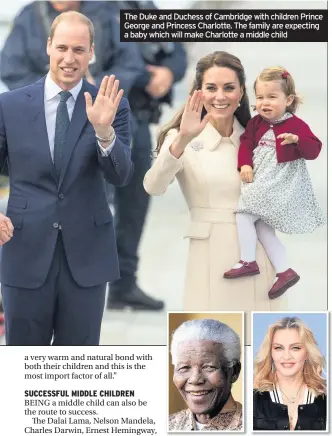  ??  ?? The Duke and Duchess of Cambridge with children Prince George and Princess Charlotte. The family are expecting a baby which will make Charlotte a middle child Middle children: Clockwise from top left are Nelson Mandela, Madonna, Bill Gates and Charles...