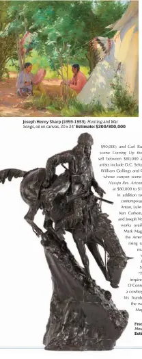  ??  ?? Joseph Henry Sharp (1859-1953), Hunting and War Songs, oil on canvas, 20 x 24" Estimate: $200/300,000 Frederic Remington (1861-1909), Mountain Man, bronze, 28" Estimate: $150/250,000