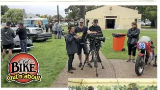  ??  ?? ABOVE Marg Oliver from the National Automobile Museum of Tasmania showing the film crew from the ABC program Back Roads some of the bikes they were there to film for a forthcomin­g program.