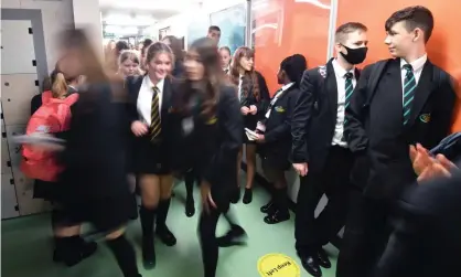  ?? Photograph: Anthony Devlin/Getty Images ?? Pupils at the Copley Academy in Stalybridg­e. Airflow monitors can reduce the spread of Covid-19, but many school are still waiting for the devices.