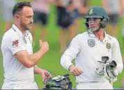  ?? AFP ?? SA skipper Faf du Plessis and Quinton de Kock walk away happy after poor weather sealed a 10 series win.