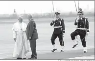  ?? AP/ALESSANDRA TARANTINO ?? Peruvian President Pablo Kuczynski greets Pope Francis as he arrives to an honor guard Thursday in Lima.