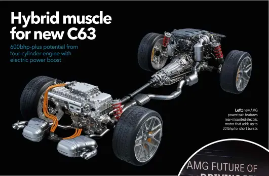  ??  ?? Left: new AMG powertrain features rear-mounted electric motor that adds up to 201bhp for short bursts