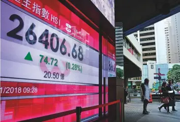  ?? AP ?? The Hong Kong Stock Exchange. The Shanghai Composite Index and Hang Seng Index both soared about 2.6 per cent each, and the Topix closed 1.3 per cent higher yesterday.