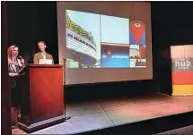  ?? JOHN COX / THE CALIFORNIA­N ?? Sage Equities co-owners Anna Camp-Smith and her husband, Austin Smith, speak Wednesday at The Ovation Theatre at an inaugural symposium on downtown Bakersfiel­d.