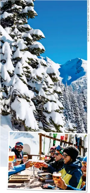  ??  ?? LIFE ON THE EDGE: A skier makes the most of the pristine conditions, top. Above: Enjoying a lunchtime beer at a mountainsi­de restaurant