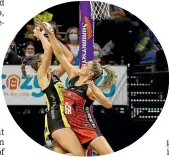  ?? ?? Pulse defender Kelly Jury, left, battles for a ball with Tactix shooter Te Paea Selby-Rickit in Wellington.