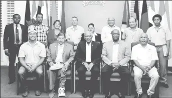  ?? (Ministry of the Presidency photo) ?? Seated in front row from left: Toshao of St. Cuthbert’s Mission and NTC ViceChairm­an, Lennox Shuman; Minister of Indigenous People’s Affairs, Sydney Allicock; President David Granger; Minister of State, Joseph Harmon; and Chairman of the National...