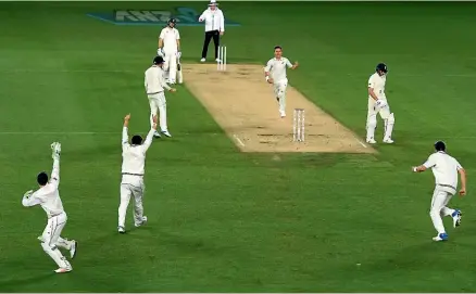  ?? GETTY ?? Trent Boult celebrates after taking the wicket of Joe Root with the last ball of day four in the first test against England at Eden Park in March 2018.