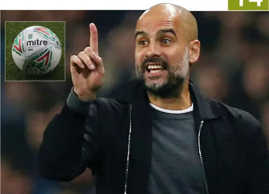  ??  ?? Pep Guardiola claimed the ball was too light for his star-studded side to score against English Championsh­ip side Wolves. (Inset: The offending item) (AFP)