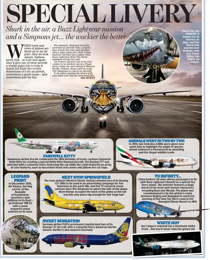  ??  ?? Fun in the air: Embraer is known for its liveries: its tiger, and the Shark that soared over Ireland, with our Travel Editor Jim Murty on board.