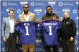  ?? NOAH K. MURRAY - THE ASSOCIATED PRESS ?? New York Giants general manager Joe Schoen, left, and head coach Brian Daboll, right, introduce NFL football draft picks Evan Neal and Kayvon Thibodeaux, during a press conference in East Rutherford, N.J. on Saturday, April 30, 2022.