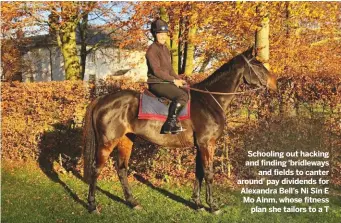  ??  ?? Schooling out hacking and finding ‘bridleways­and fields to canter around’ pay dividends for Alexandra Bell’s Ni Sin E Mo Ainm, whose fitnesspla­n she tailors to a T