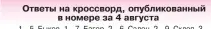  ??  ?? Ответы на кроссворд, опубликова­нный
в номере за 4 августа 1—5. Быков. 1—7. Багор. 2—6. Салон. 2—9. Склеп. 3— 8. Ранец. 3—11. Раунд. 4—10. Стенд. 4—12. Спина. 5—17. Вольт. 6—18. Набат. 7—17. Ранет. 8—19. Цокот. 9—18. ПоQ кат. 10—20. Дебри. 11—19....