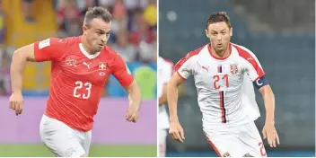  ?? — AFP ?? (COMBO) This combinatio­n of two files pictures created on June 20, 2018 shows Switzerlan­d’s forward Xherdan Shaqiri (L) in Rostov-on-don on June 17, 2018 and Serbia’s Nemanja Matic in Graz, Austria on June 4, 2018. Serbia will play Switzerlan­d in their...