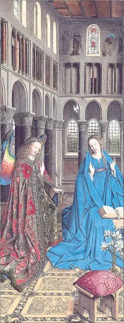  ?? PHOTOS: FINE ARTS MUSEUMS OF SAN FRANCISCO ?? Jan van Eyck’s striking 15th-century work “The Annunciati­on” depicts the Virgin Mary in a glowing blue dress.