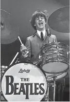  ??  ?? Top: the four band members on stage; above left: Paul Mccartney and John Lennon performing; above right: Ringo Starr on drums.