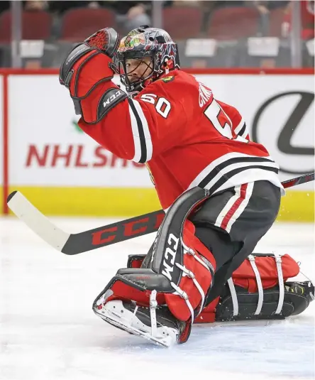  ?? GETTY IMAGES ?? Corey Crawford allowed six goals before being replaced by Cam Ward in the third period Tuesday against the Knights.