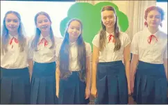  ?? ?? St Catherines Ballad Group, that recently represente­d the club in the Cork Scor na bPaisti County Final held at the Eire Og GAA Pavillon in Ovens. Pictured are Milena Didek, Isla Ryan, Fira Lane, Caitlin Twomey and Lara Byrne.