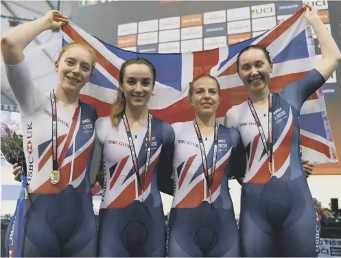  ??  ?? 0 Emily Nelson, Elinor Barker, Neah Evans and Katie Archibald celebrate after winning the pursuit title with an impressive display.