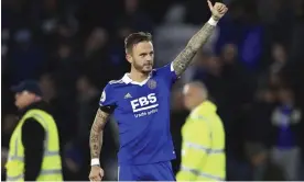  ?? Forest. Photograph: Leila Coker/AP ?? James Maddison gives a thumbs-up to fans following Leicester’s 4-0 win against Nottingham