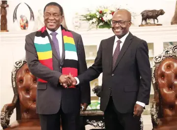  ?? — Picture: Believe Nyakudjara ?? President Mnangagwa meets Swiss-based Zimbabwean telecommun­ications expert Dr Cosmas Zavazava who was recently elected to the position of director Telecommun­ications Developmen­t Bureau of the Internatio­nal Telecommun­ications Union at State House in Harare yesterday.