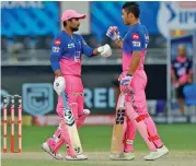  ??  ?? Rahul Tewatia (left) and Riyan Parag of Rajasthan Royals on Sunday