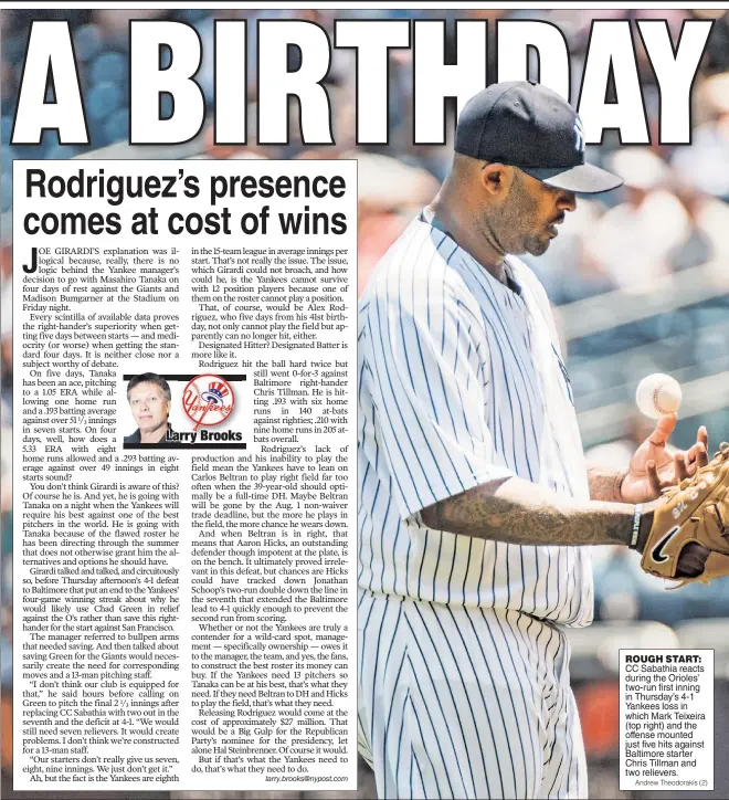  ?? Andrew Theodoraki­s (2) ?? ROUGH START: CC Sabathia reacts during the Orioles’ two-run first inning in Thursday’s 4-1 Yankees loss in which Mark Teixeira (top right) and the offense mounted just five hits against Baltimore starter Chris Tillman and two relievers.