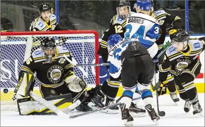  ?? Cherie Morgan Photograph­y ?? Penticton Vees forward Lucas Sillinger scores a first-period goal against Victoria Grizzlies goaltender Zachary Rose on Saturday at theSOEC.TheVeeswon­4-2.