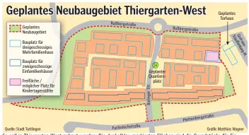  ?? GRAFIK: MATTHIAS WAGNER ?? So soll in Thiergarte­n West gebaut werden: Die dunkelblau markierten Flächen sind die Grundstück­e für Einfamilie­nhäuser, auf den hellblau markierten Flächen entstehen Mehrfamili­enhäuser.