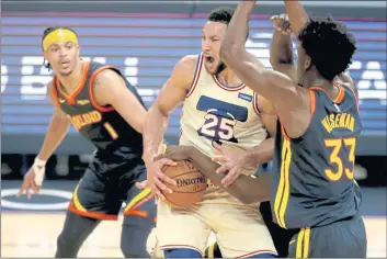  ?? PHOTOS BY RAY CHAVEZ — BAY AREA NEWS GROUP, FILE ?? The 76ers’ Ben Simmons (25) is fouled by the Warriors’ Draymond Green (23) in the second quarter of their March 23 game at Chase Center in San Francisco.