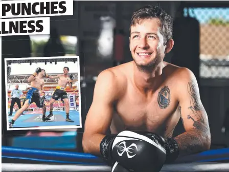  ?? HEART: Lachlan O'Shea at his Kirwan gym; ( inset) landing a right on Ben Horn. Pictures: ZAK SIMMONDS, DARREN ENGLAND ??