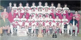  ?? PETERBOROU­GH JR. A LAKERS ?? Team members of the 1974 Peterborou­gh PCOs, the subject of Ed Arnold’s new book “Perfect Season: With Benny and his Jets,” included, front row from left, Harry Bartlett, Tim Barrie, Paul Evans, Jim (J.J.) Johnston, Gord Duncan, Bob Wasson, Steve Plunkett, Brian Evans, John Gillespie and Dave Turner, middle from left, Jim Hill, Peter Hicks,
Paul Stephenson, Ken Pappas, Angus McKay, Dan Green, Jim Gow, Jack Armour,
Ted Higgins, Ben Floyd and Al Martinell and, back from left, Lee Vitarelli, Greg Lustic, Mark Vitarelli, Guy Legault, Randy Bryan, Ted Floyd, Ken Byers, Terry Hughes,
Paul Johnston and Moe Jodoin.
