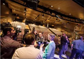  ?? Herald photo by Ian Martens ?? Architect Elizabeth Songer speaks with reporters during a sneak peek Thursday of the nearlycomp­leted Yates Memorial Centre, with some work still set to continue over the coming months. @IMartensHe­rald