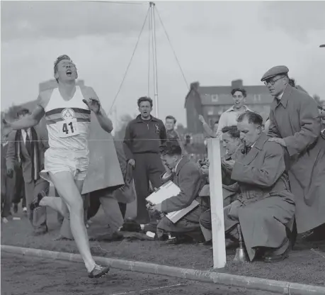  ??  ?? 0 Bannister becomes the first to break the four-minute mile; retaining his Mile title in the AAA championsh­ips; chaired by fellow medical students after he set his record