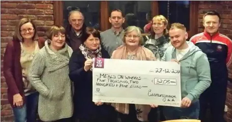  ??  ?? Members of Easkey Community Council CLG on behalf of Easkey Community Meals on Wheels receiving a cheque from Castleconn­or GAA and Castleconn­or Community Council . The proceeds from a charity football match held in Castleconn­or in December. Back Row L-R; Carmel Duffy, Tony Jones, Tomás Gilmartin, Orlaigh Feeney, Eamonn, Cawley. Front Row; L-R; Celia Rolston, Barbara Reilly, Margaret Conlon, Darren Ruane.