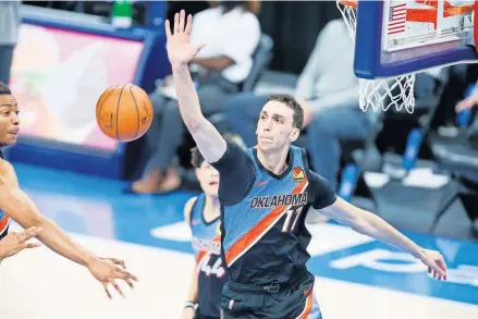  ?? [BRYAN TERRY PHOTOS/THE OKLAHOMAN] ?? Rookie Aleksej Pokusevski (17) leads the Thunder with 1.2 blocks per game, and his 11 blocks rank second among all rookies behind James Wiseman's 17.