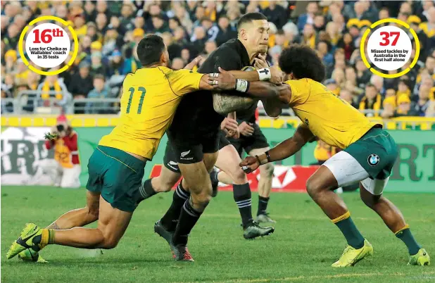  ?? Reuters ?? Loss for Cheika as Wallabies’ coach in 35 tests New Zealand All Blacks player Sonny Bill Williams runs to score a try as Australian Wallabies players Curtis Rona and Henry Speight try to tackle him. — Missed tackles by Australia in the first half alone