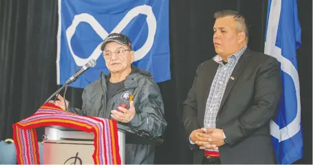  ?? LIAM RICHARDS ?? Jim Durocher, president of A La Baie Metis Local 21 in Île-à-la-crosse and Ron Quintal, president of the Fort Mckay Metis Nation, emphasized Wednesday that they don’t want to displace resource companies on the land in question, but rather want to work with them as a rights holder.